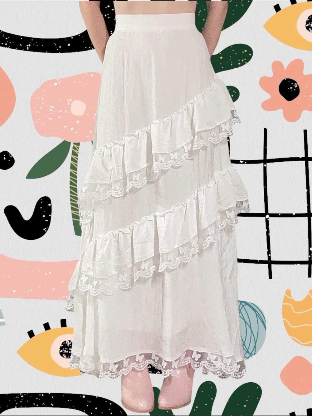 Lichi | White High Waisted Crinkle Asymmetrical Ruffle Butterfly Lace Maxi Skirt